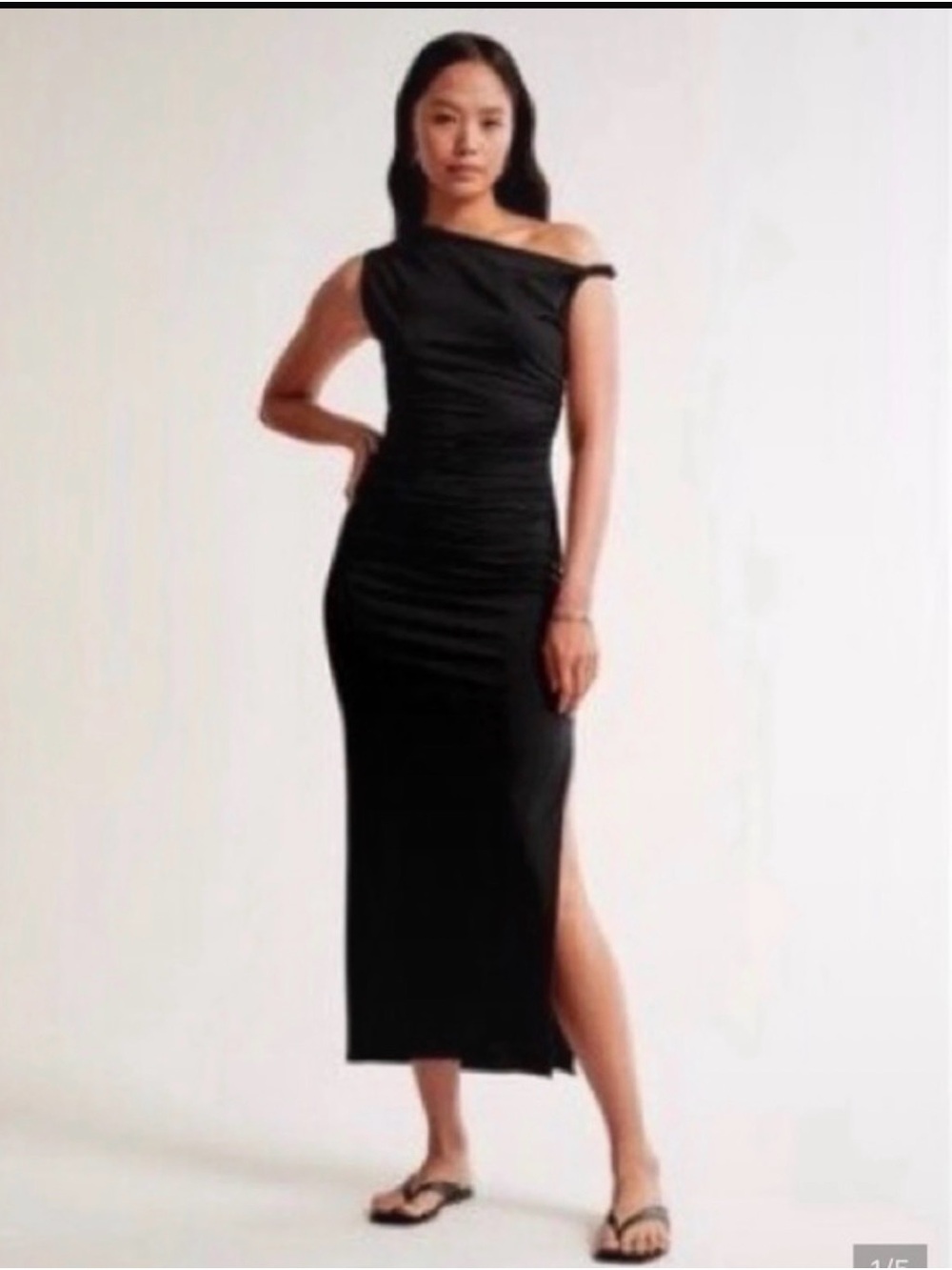 Abercrombie & Fitch Black One-Shoulder Ruched Side-Slit Midi Dress
